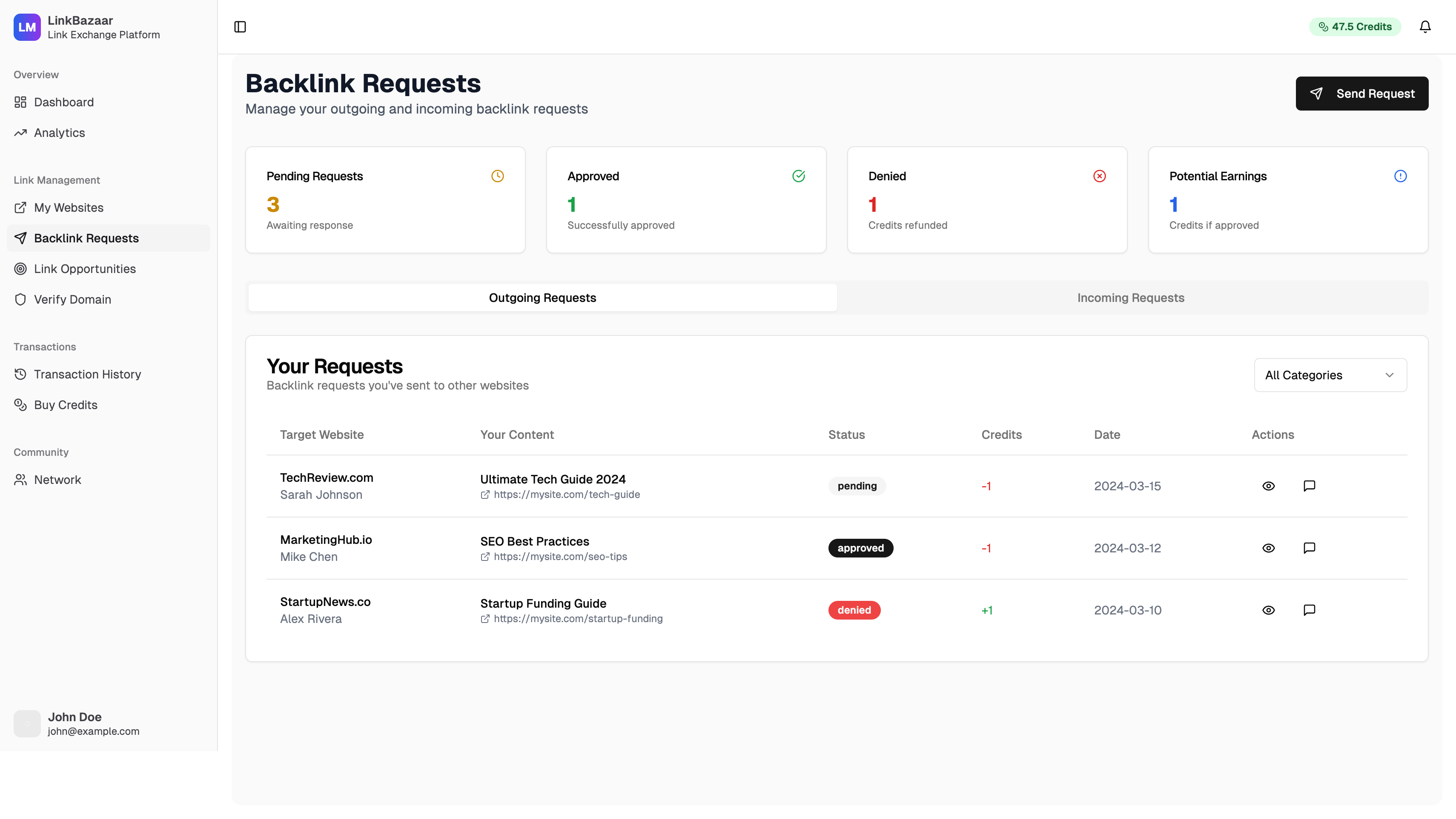 LinkBazaar Request Management - Track all your link building
