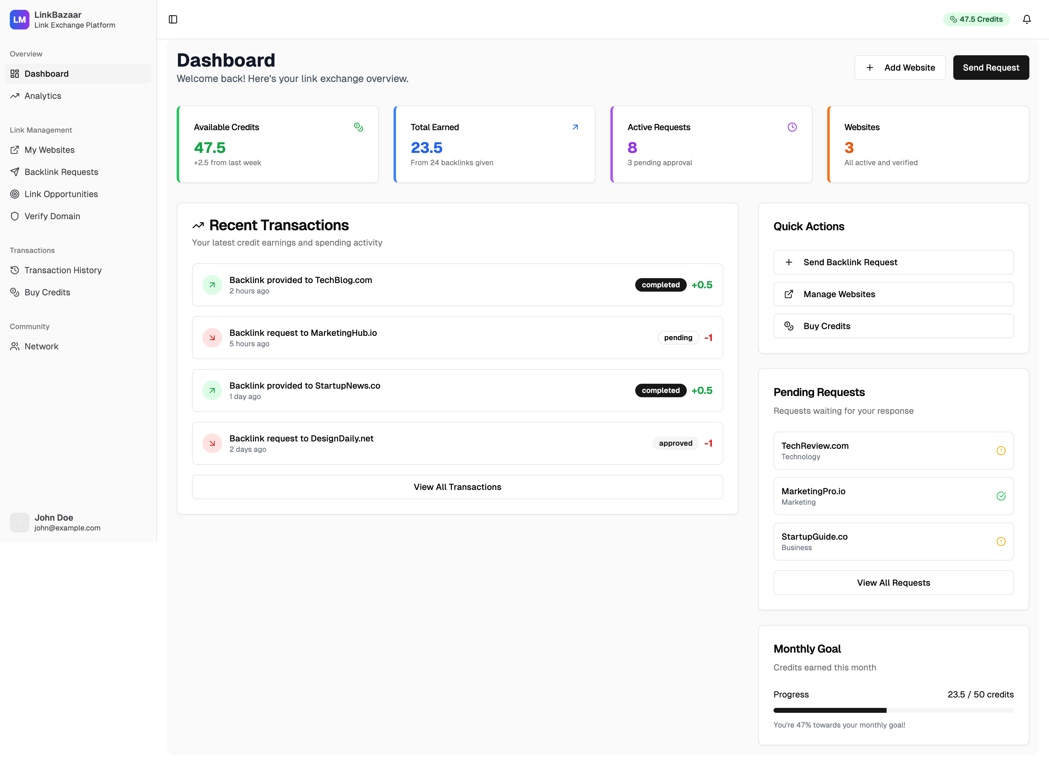 LinkBazaar Dashboard - Track your credits, manage link exchanges, and grow your SEO